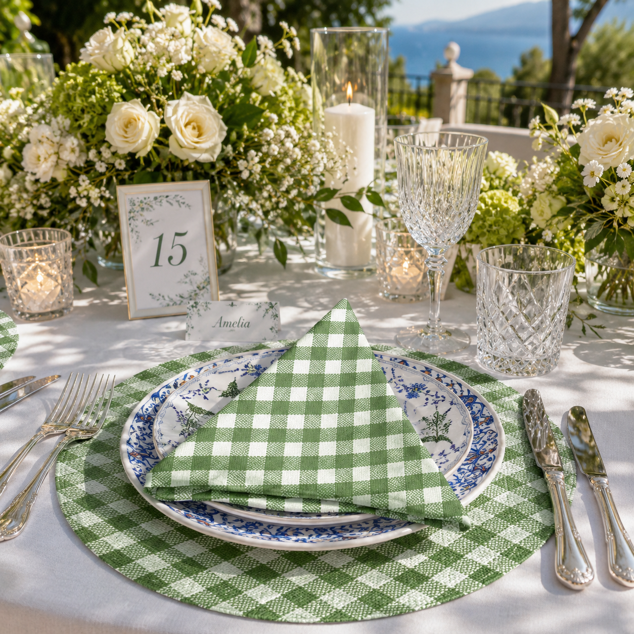 Set of 12 Synthetic Cloths Napkins Farmhouse Green Check 13.8 x 13.8 in