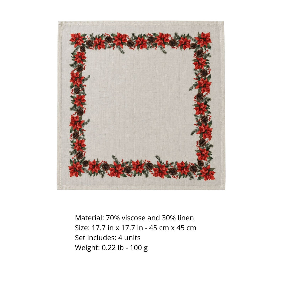 Charlo’s Set of 4 Christmas Farmhouse Napkins Poinsettia 18" x 18"