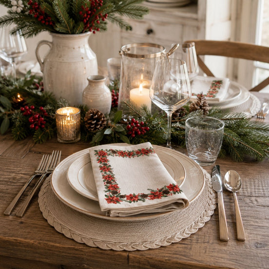 Charlo’s Set of 4 Christmas Farmhouse Napkins Poinsettia 18" x 18"
