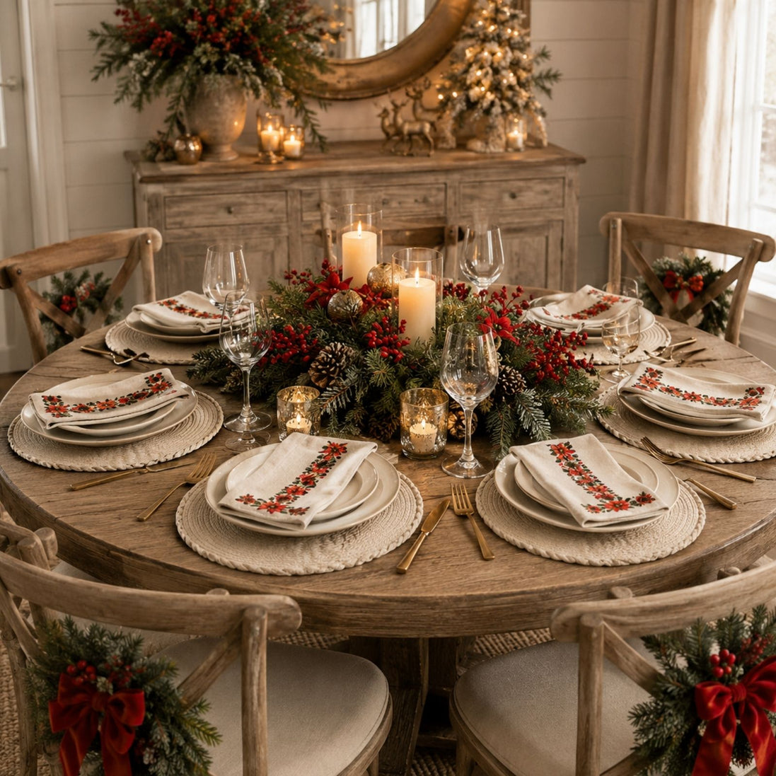 Charlo’s Set of 4 Christmas Farmhouse Napkins Poinsettia 18" x 18"