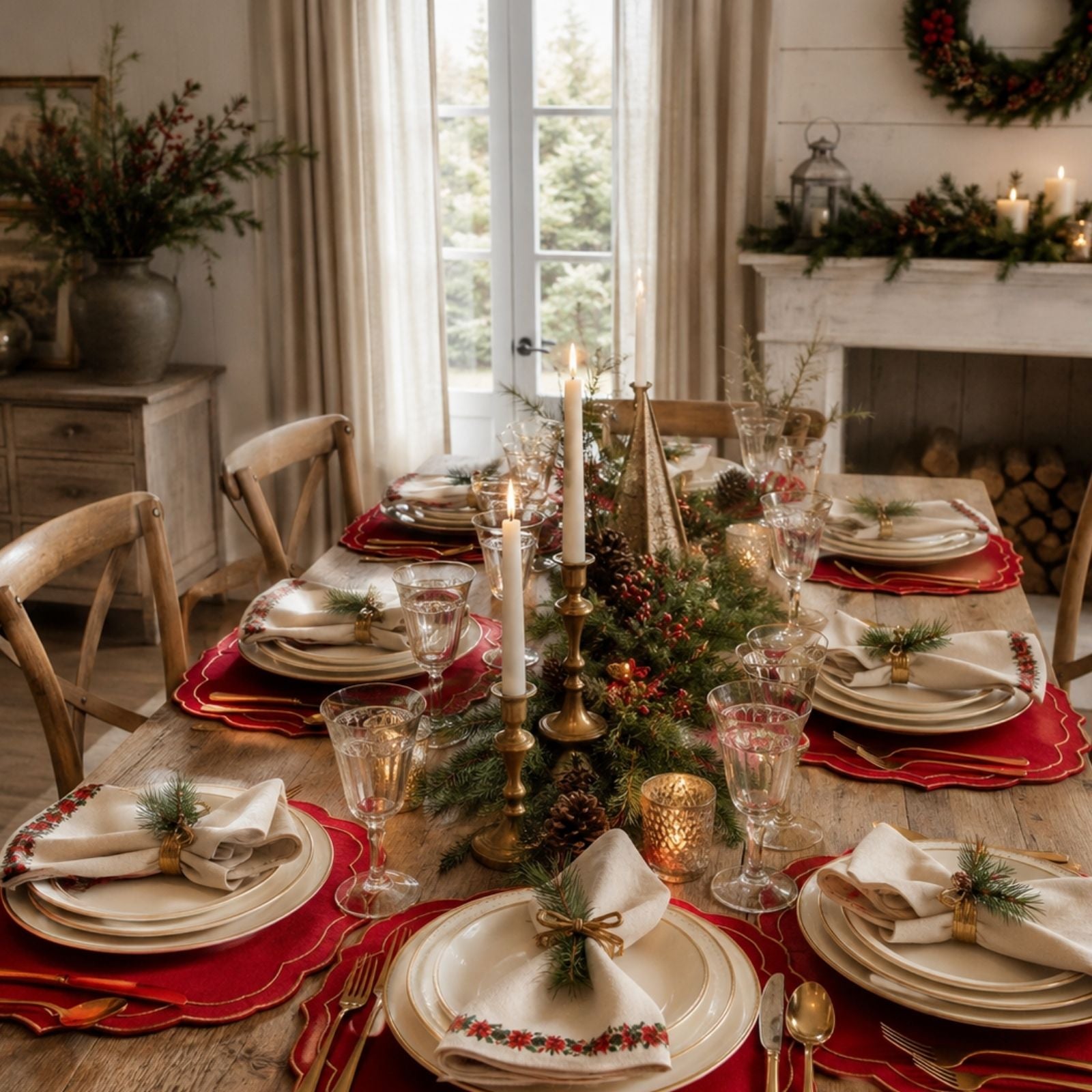 Charlo’s Set of 4 Christmas Farmhouse Napkins Poinsettia 18