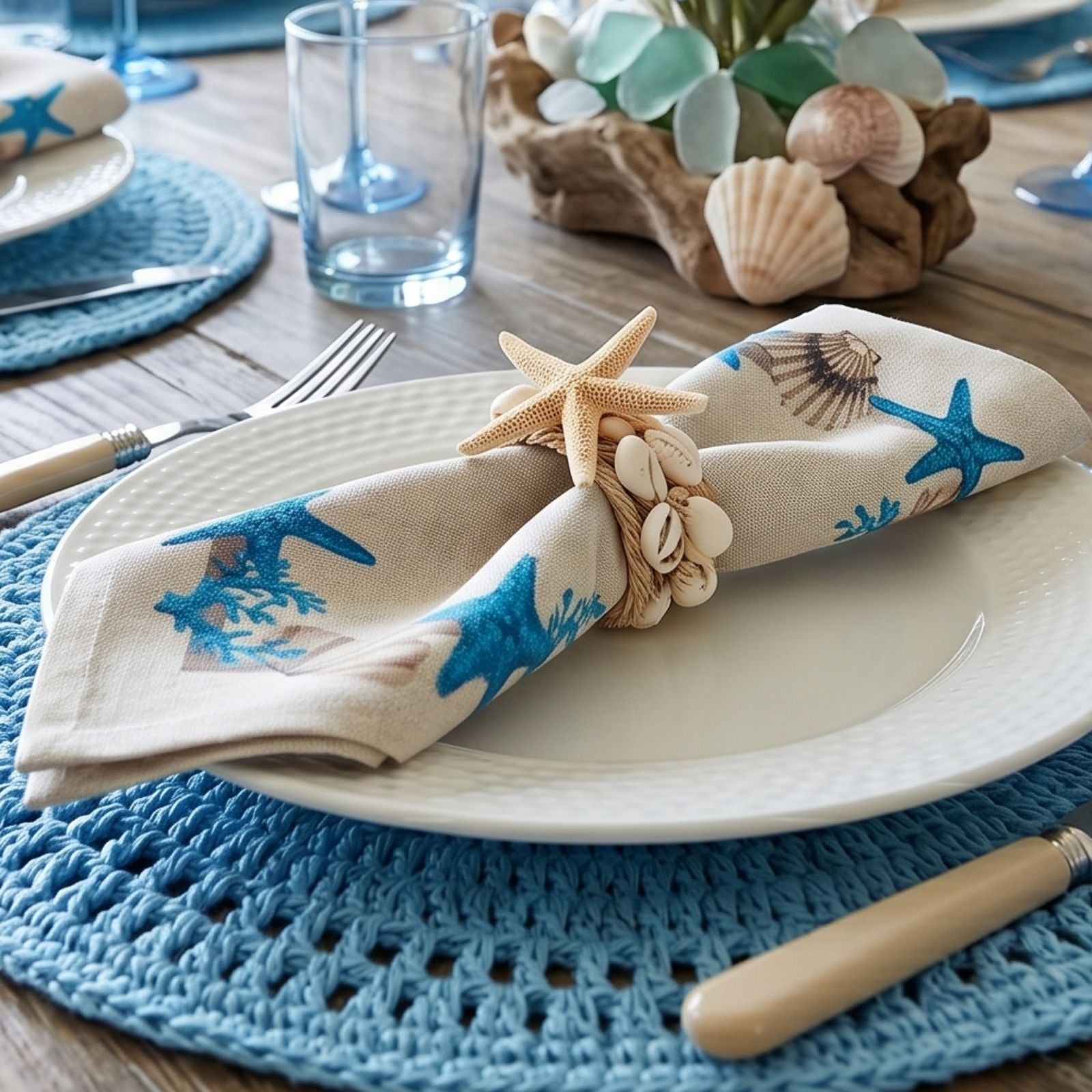 Charlo’s Set of 4 Cloth Napkin Coastal Starfish 18