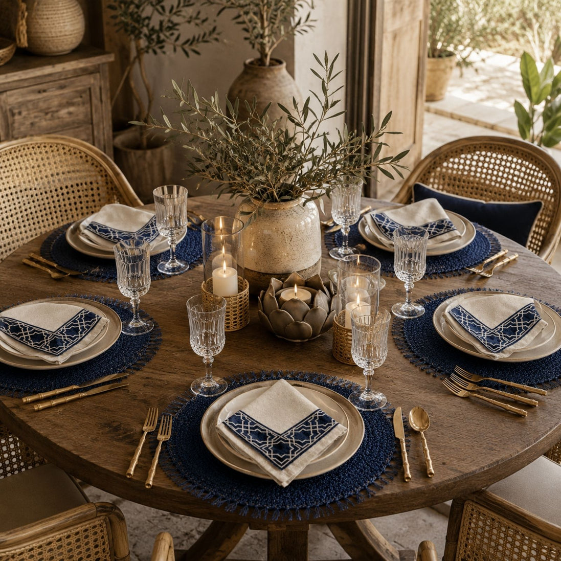 Charlo’s Set of 4 Cloth Blend Napkins Geometric Navy 18" x 18"