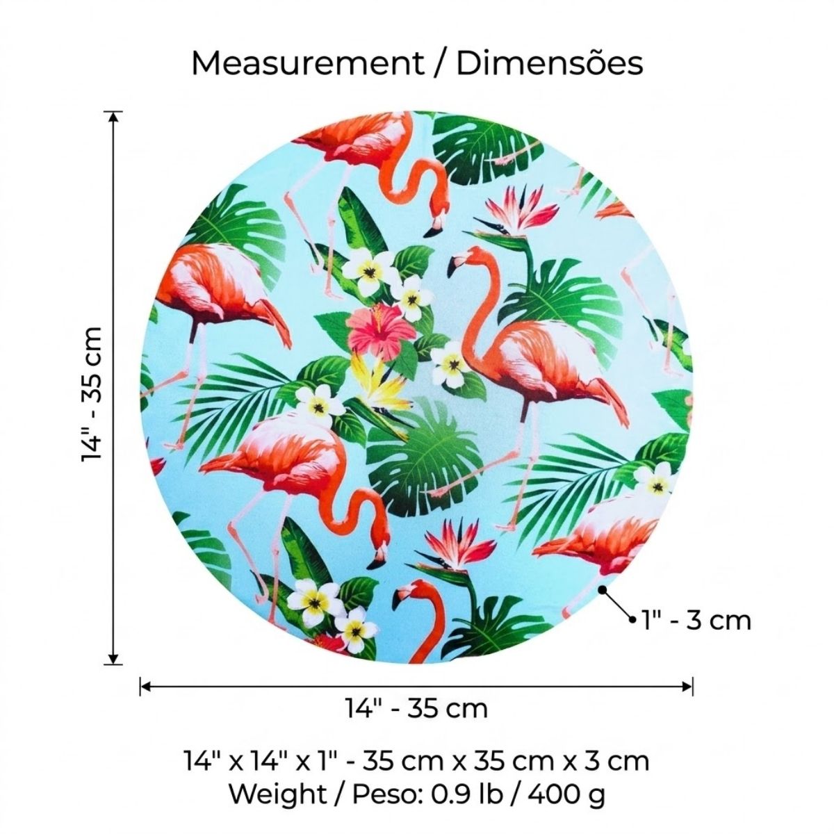 Conjunto de 4 capas de lugar-americano redondas com flamingos verdes e folhas de Monstera 14 polegadas de diâmetro