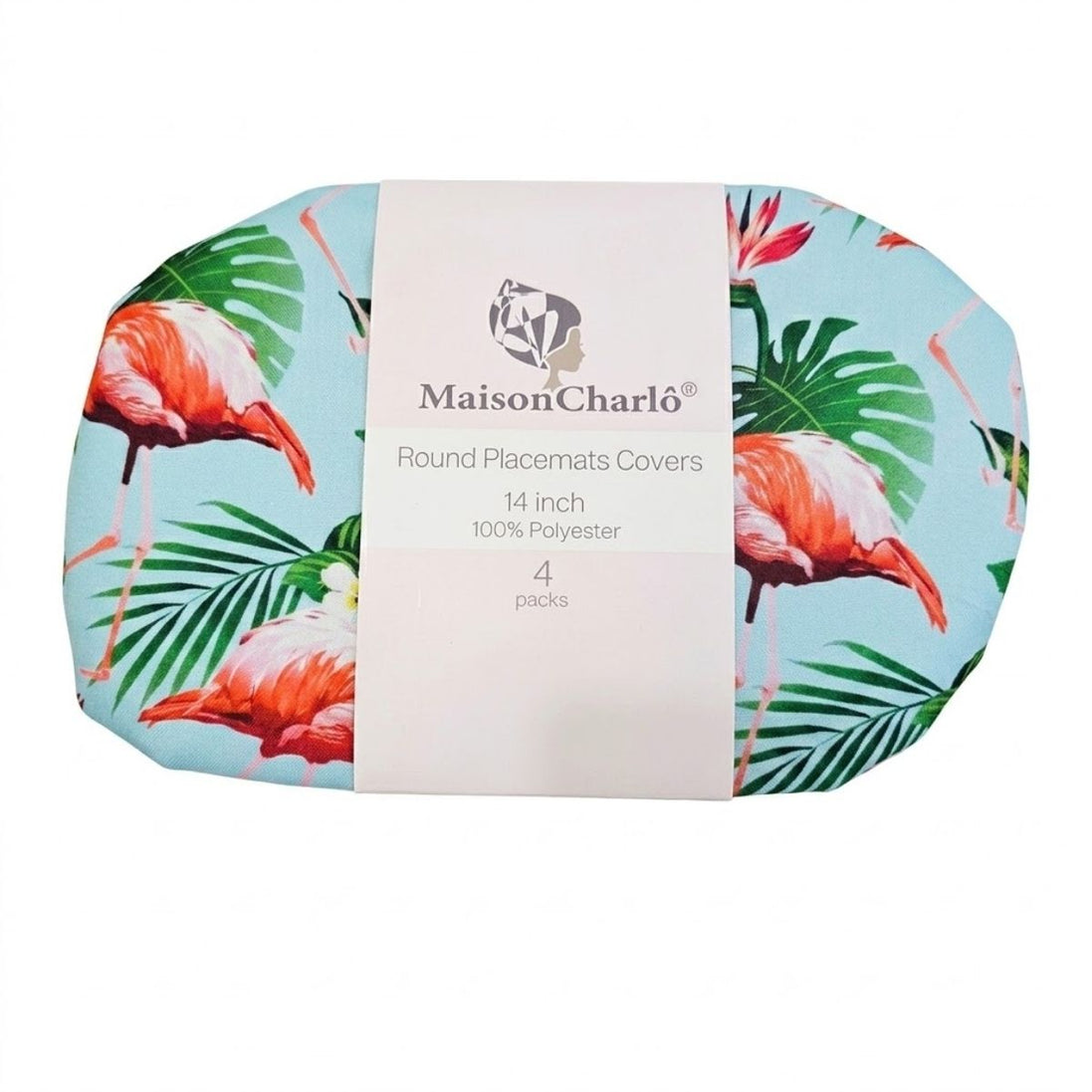 Conjunto de 4 capas de lugar-americano redondas com flamingos verdes e folhas de Monstera 14 polegadas de diâmetro