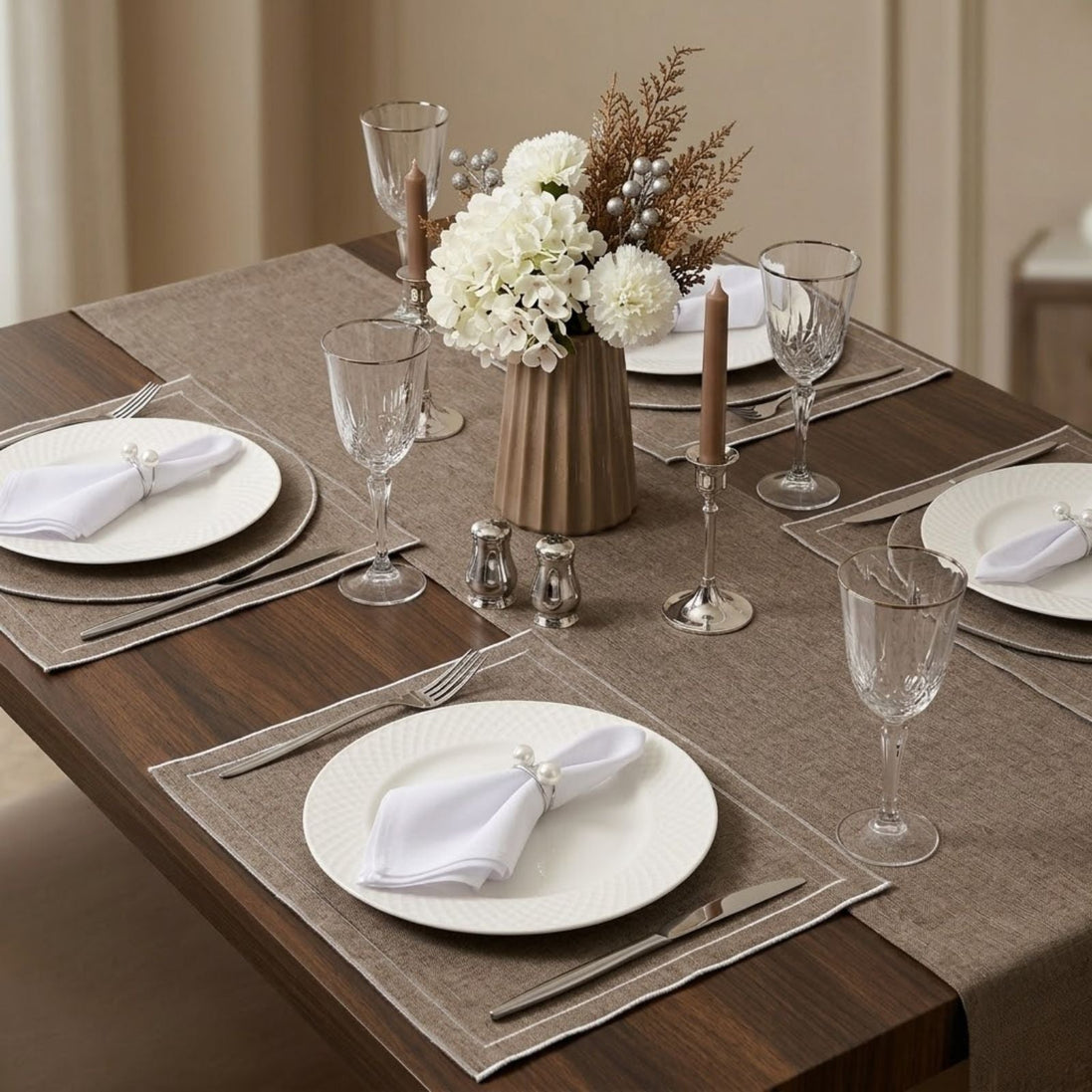 7-Piece Table Setting Set for 2 White with Pearl Napkin Rings – Table Runner, Placemats & Napkins