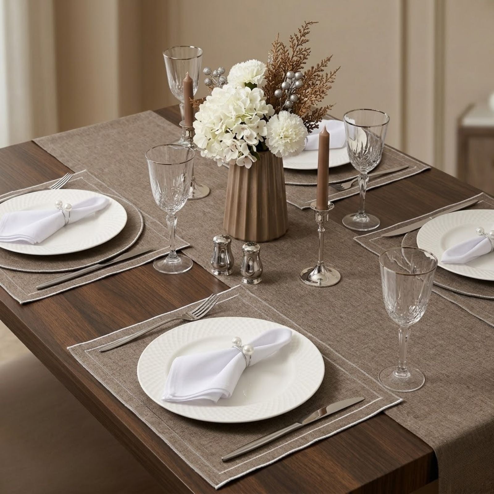 7-Piece Table Setting Set for 2 White with Pearl Napkin Rings – Table Runner, Placemats & Napkins