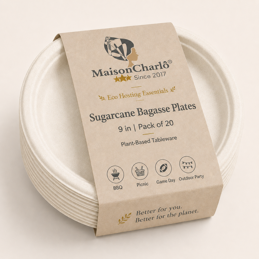 Sugarcane Bagasse Plates 9 in — Eco Hosting Tableware, Pack of 20