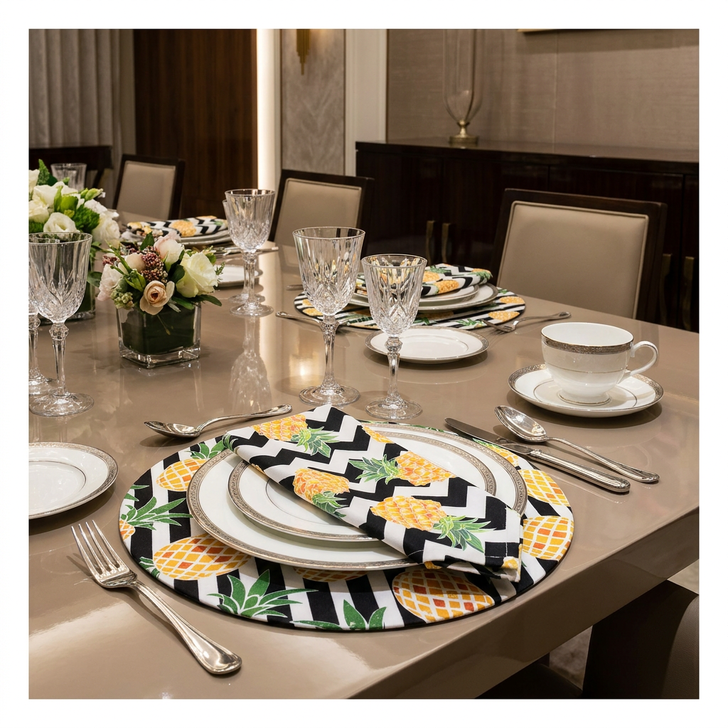 Charlo's Cloth Napkins Set of 4 Pineapple Stained Glass 16" by 16" - Black