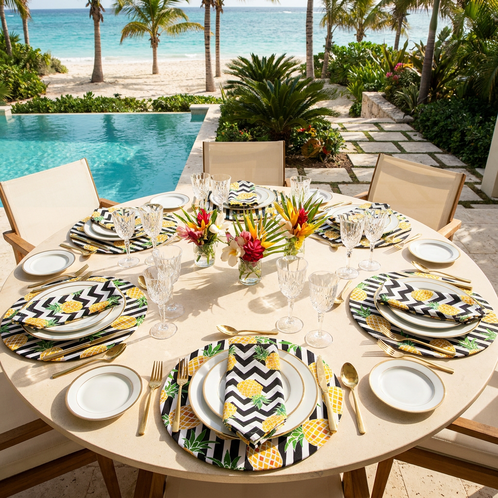 Charlo's Cloth Napkins Set of 4 Pineapple Stained Glass 16" by 16" - Black