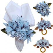 Maison Charlo Set of 4 Ice Blue Lilies Flower Celebration Napkin Rings