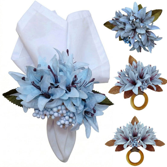 Anéis de Guardanapo Maison Charlo Celebração de Flores Lírios Azul Gelo Conjunto com 4