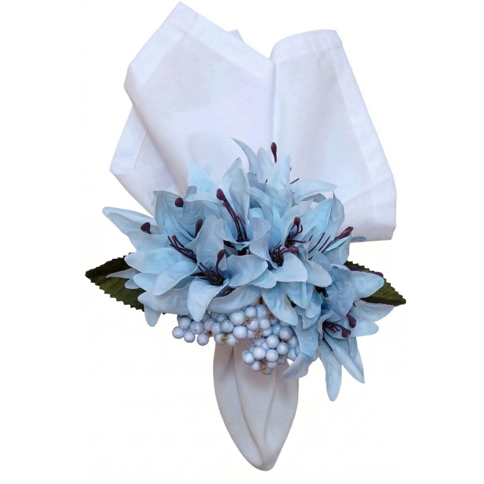 Maison Charlo Set of 4 Ice Blue Lilies Flower Celebration Napkin Rings