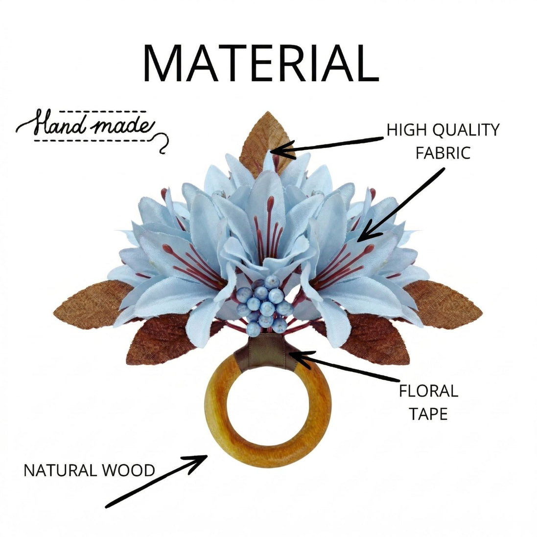 Maison Charlo Set of 4 Ice Blue Lilies Flower Celebration Napkin Rings