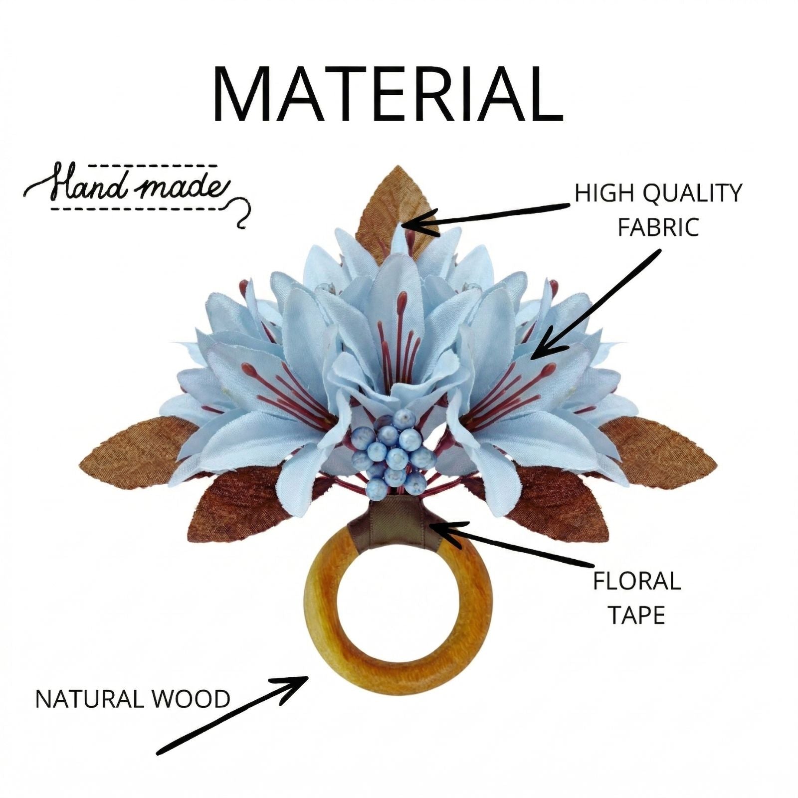 Maison Charlo Set of 4 Ice Blue Lilies Flower Celebration Napkin Rings