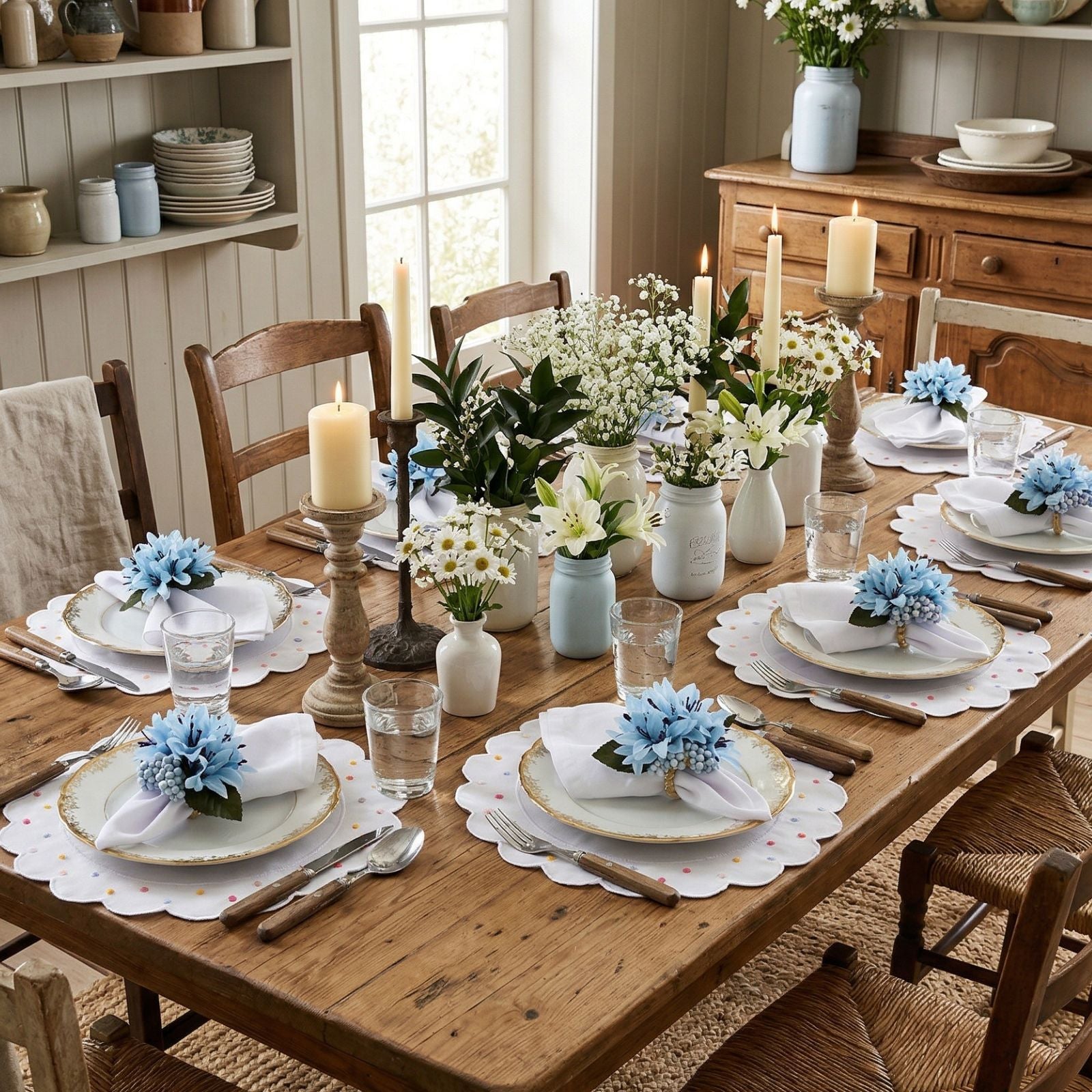 Maison Charlo Set of 4 Ice Blue Lilies Flower Celebration Napkin Rings