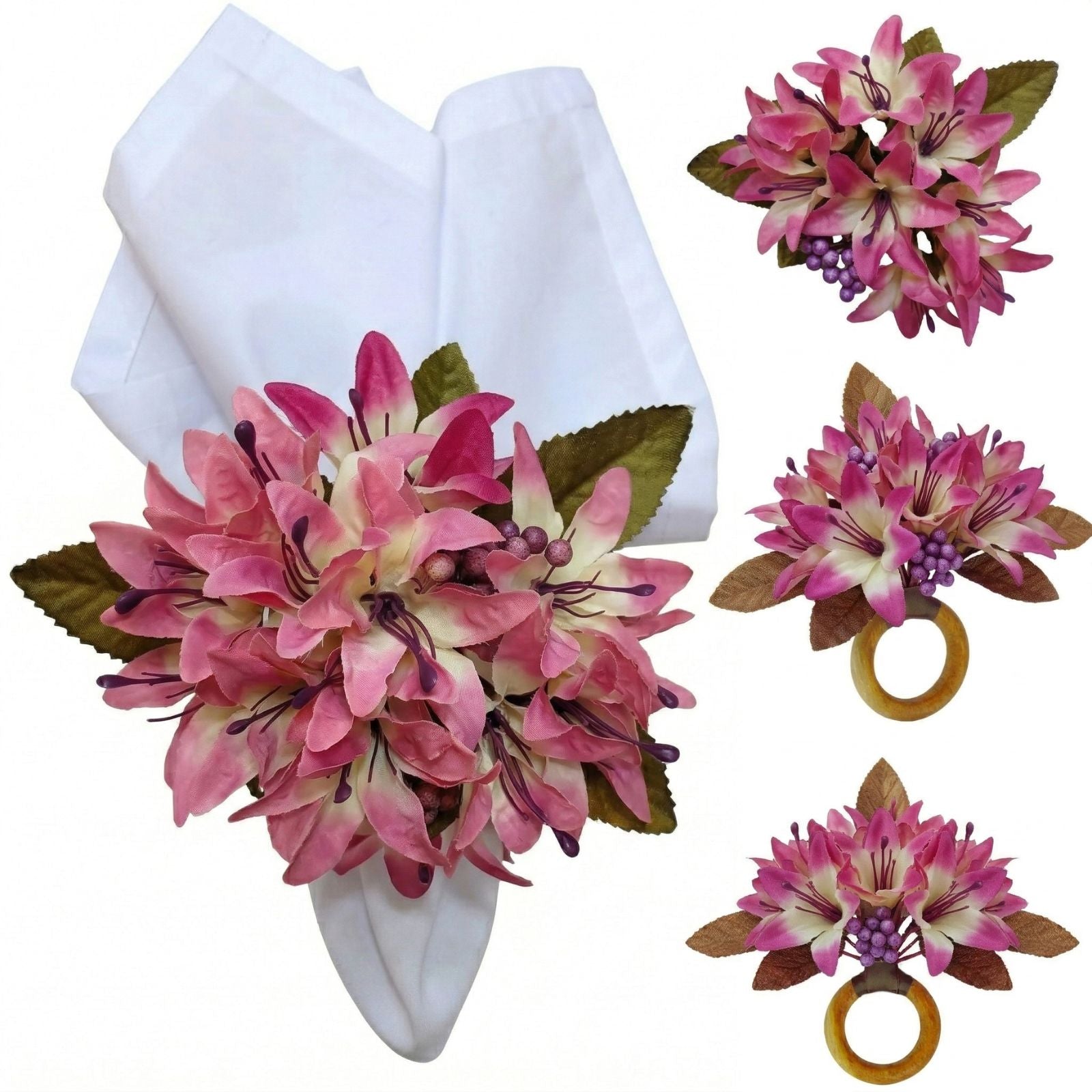 Maison Charlo Set of 4 Rose Pink Lilies Flower Celebration Napkin Rings