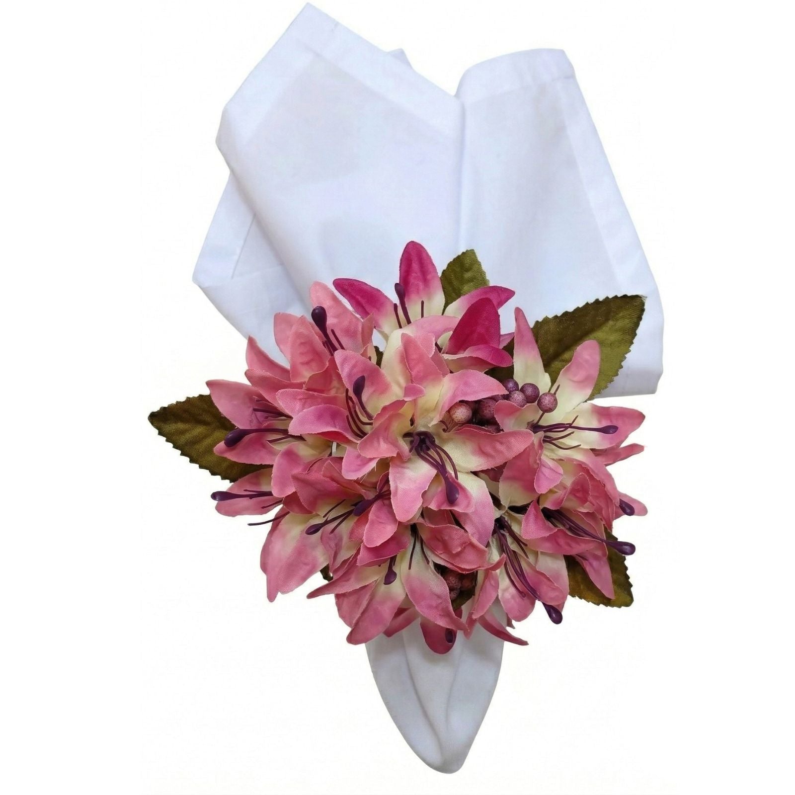 Maison Charlo Set of 4 Rose Pink Lilies Flower Celebration Napkin Rings