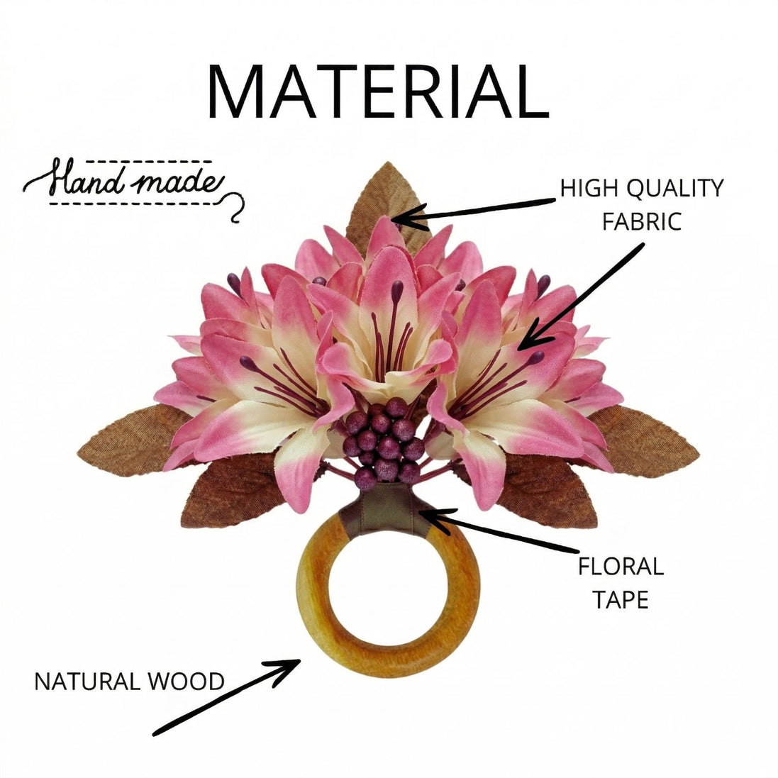 Maison Charlo Set of 4 Rose Pink Lilies Flower Celebration Napkin Rings