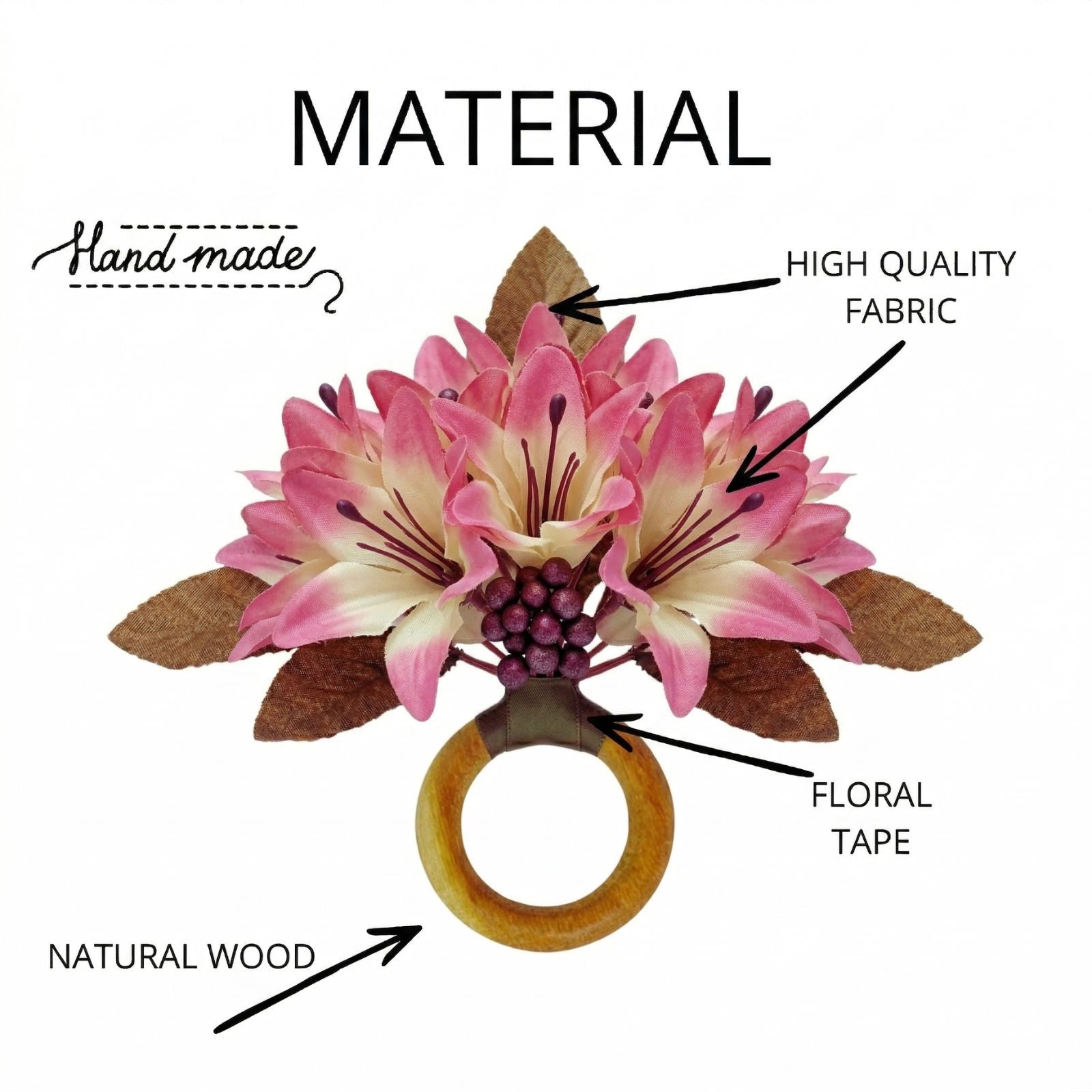 Maison Charlo Set of 4 Rose Pink Lilies Flower Celebration Napkin Rings
