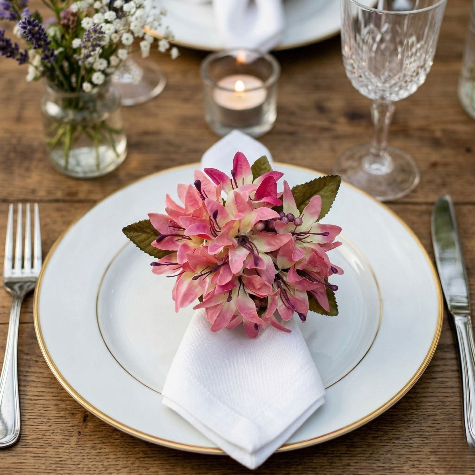 Maison Charlo Set of 4 Rose Pink Lilies Flower Celebration Napkin Rings