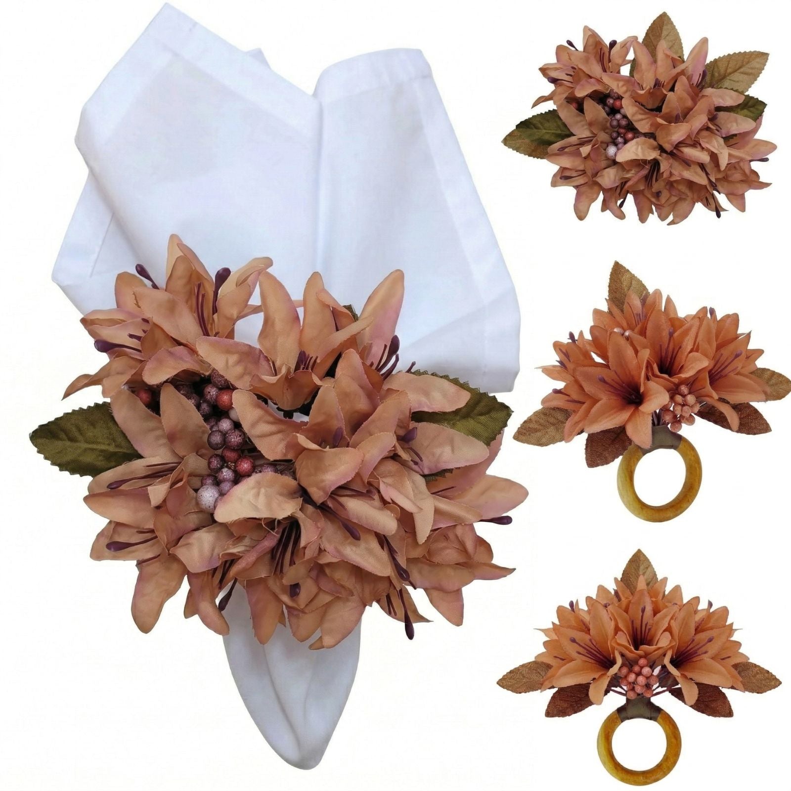 Maison Charlo Set of 4 Salmon Vintage Lilies Flower Celebration Napkin Rings