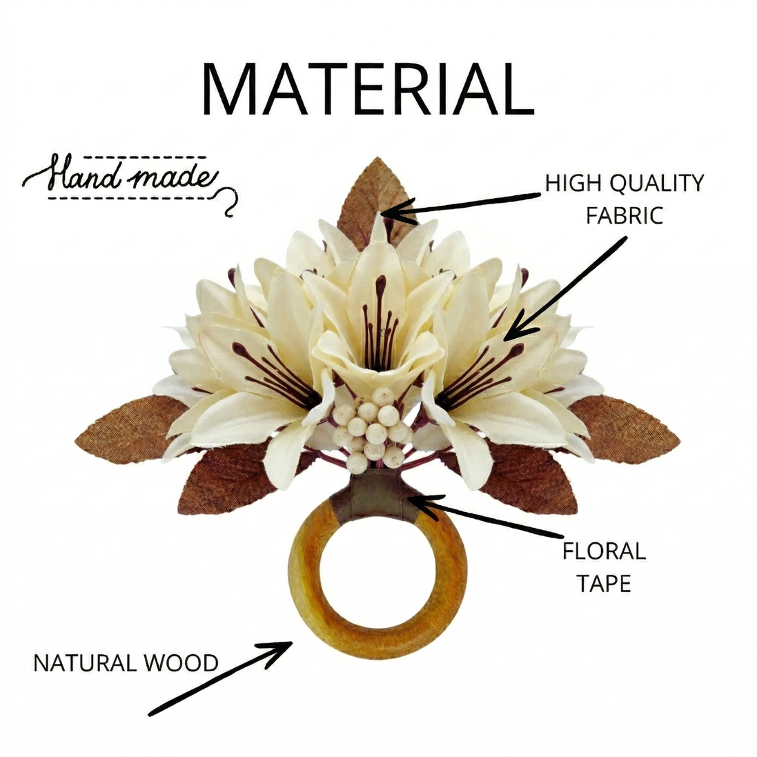Maison Charlo Set of 4 Off White Lilies Flower Celebration Napkin Rings