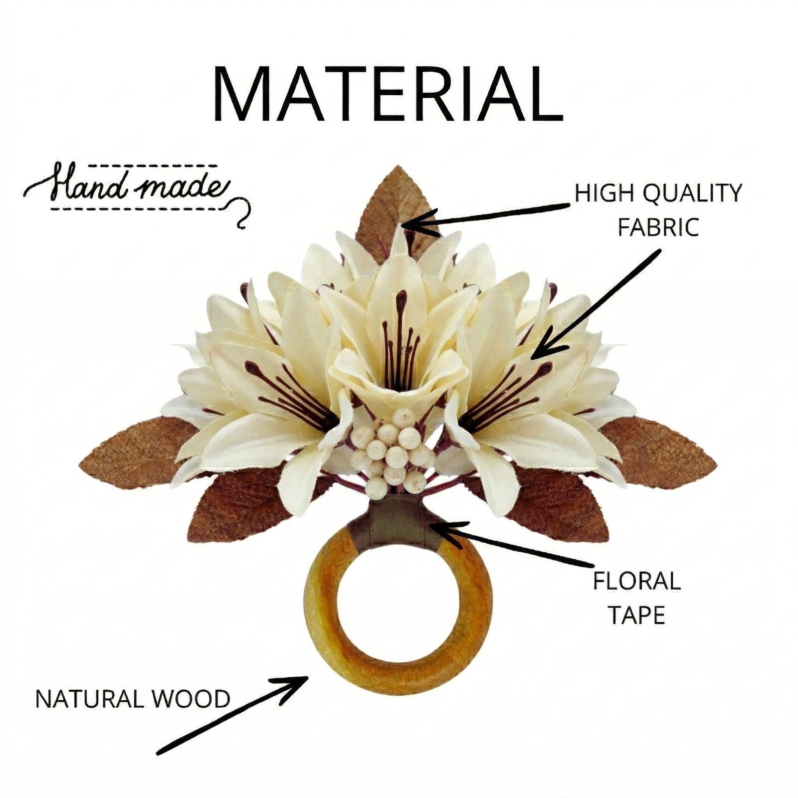Maison Charlo Set of 4 Off White Lilies Flower Celebration Napkin Rings