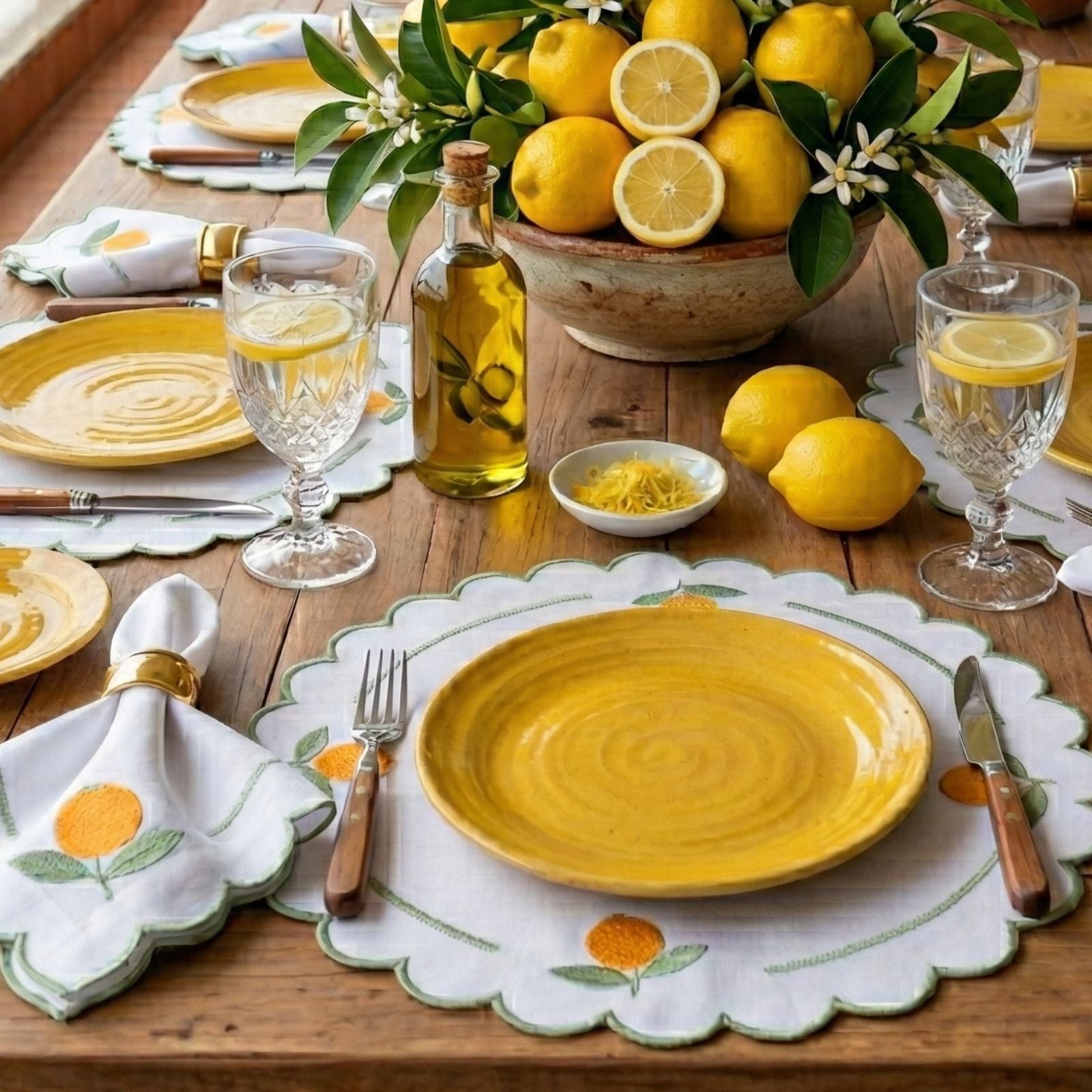 24-Piece Lemon Placemat & Napkin Set for 12 – Embroidered Sicilian Lemon Table Decor 19.7 x 13.8 in