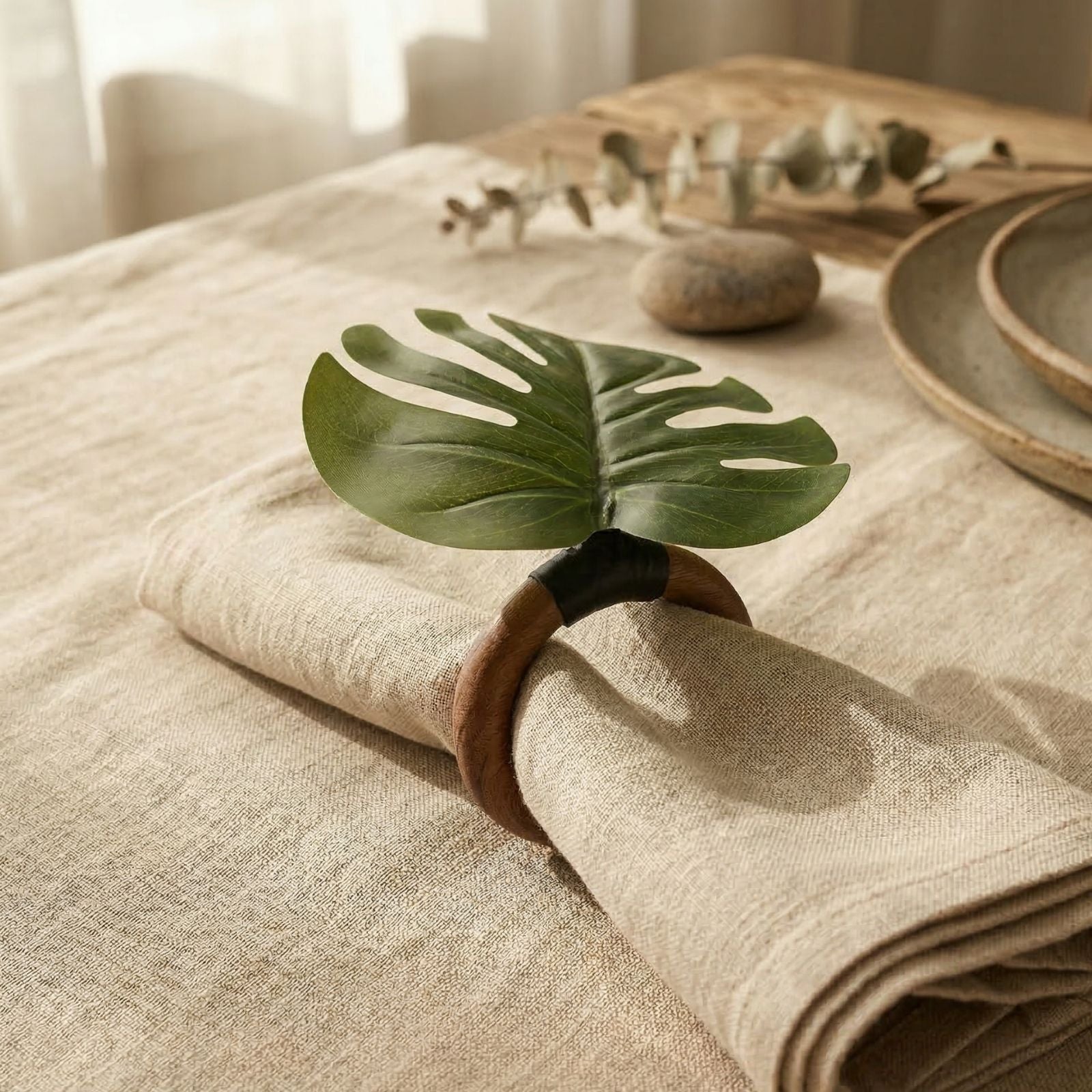 Charlo's Set 12 Green Monstera Leaf Tropical Napkin Rings Ecofriendly Pack for dining table decor