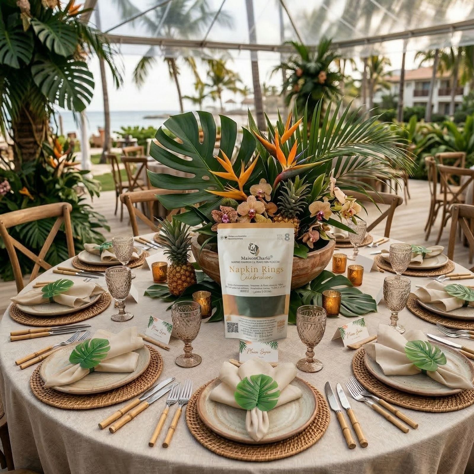 Charlo's Set 12 Green Monstera Leaf Tropical Napkin Rings Ecofriendly Pack for dining table decor