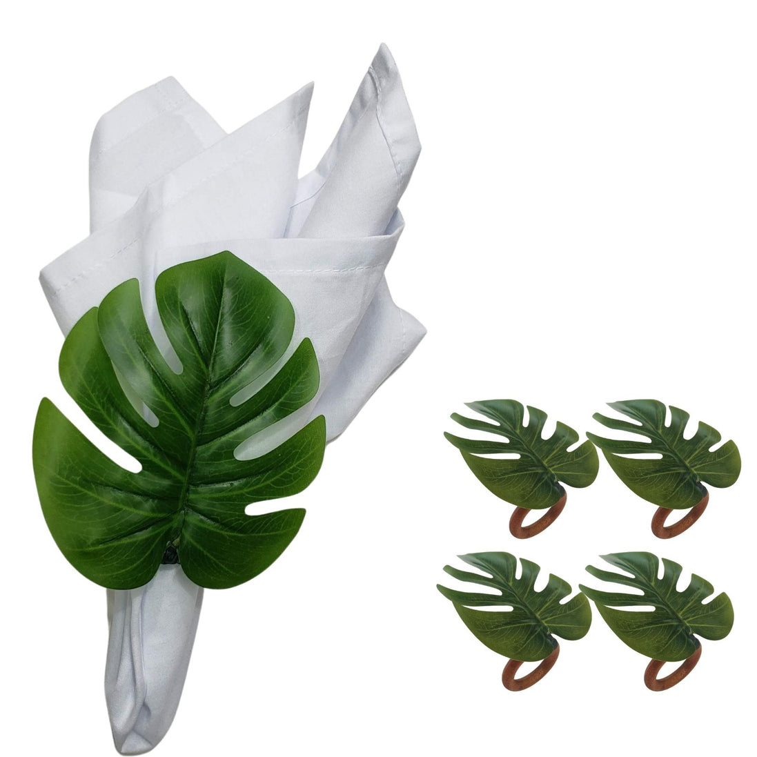Charlo's Set 4 Green Monstera Leaf Tropical Napkin Rings Ecofriendly Pack for dining table decor