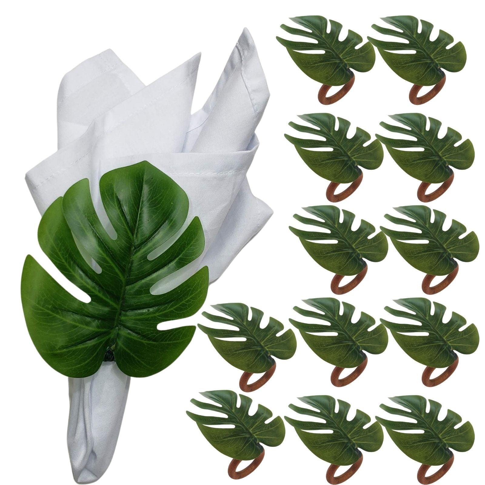 Charlo's Set 12 Green Monstera Leaf Tropical Napkin Rings Ecofriendly Pack for dining table decor