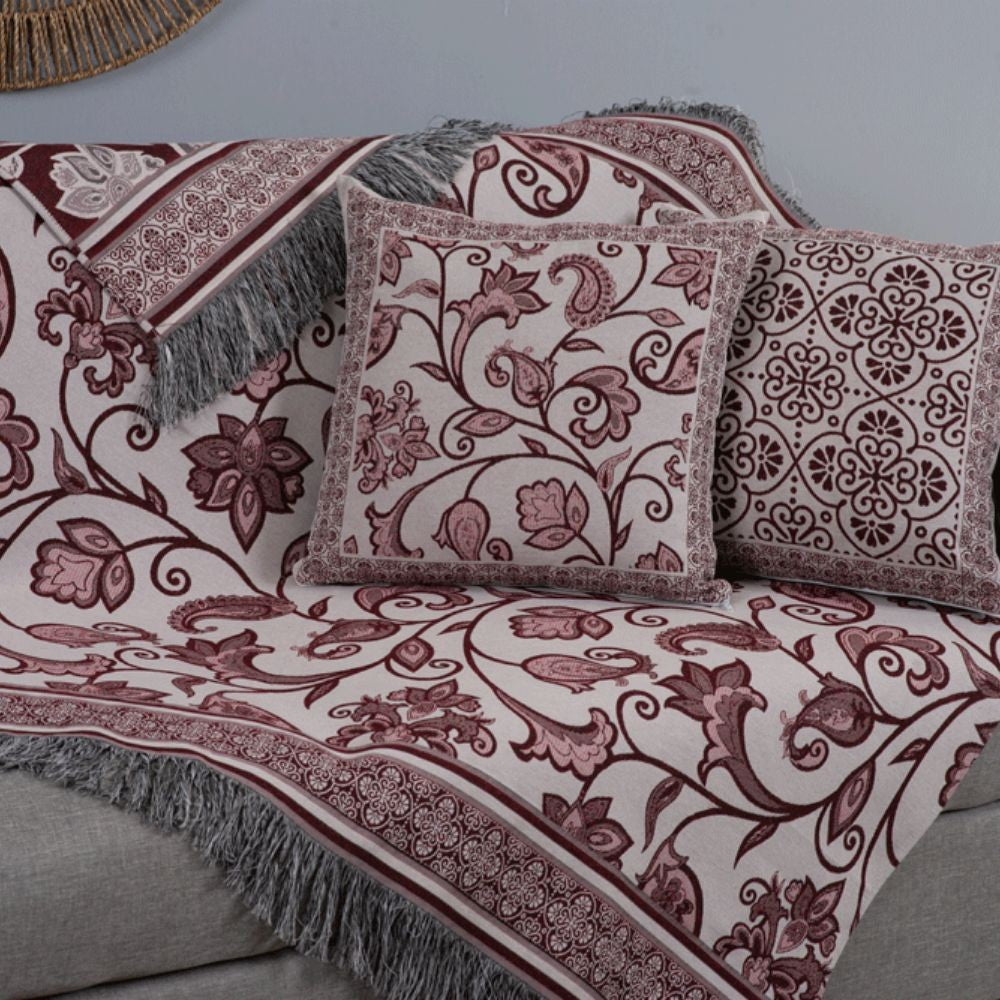 5-Piece Sofa Throw Set with Cushions – Jacquard Blanket 53 x 53 in with Fringe