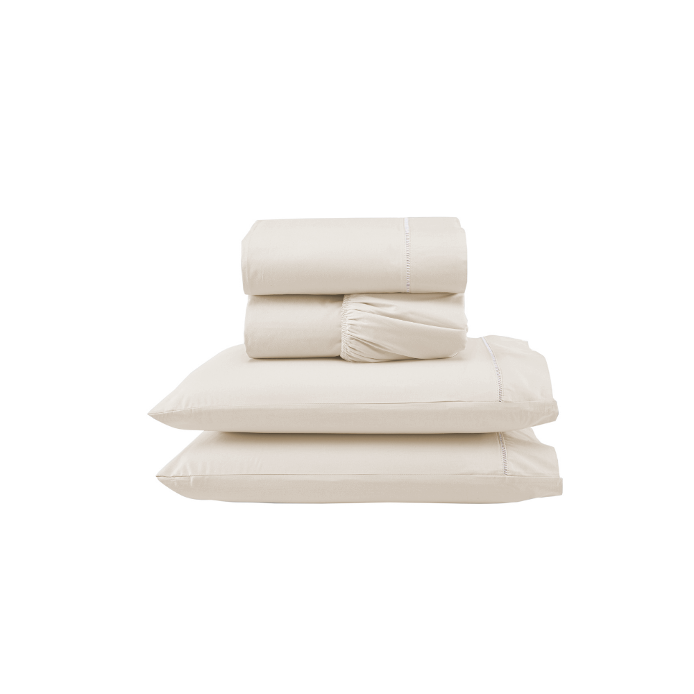 Full Sheet Set 4 Pieces Straw Beige Hemstitch Detail 94.5 x 80.7 in – Soft Micropercale 300 Thread Count