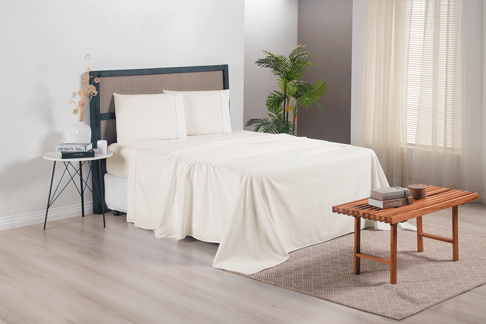 Full Sheet Set 4 Pieces Straw Beige Hemstitch Detail 94.5 x 80.7 in – Soft Micropercale 300 Thread Count