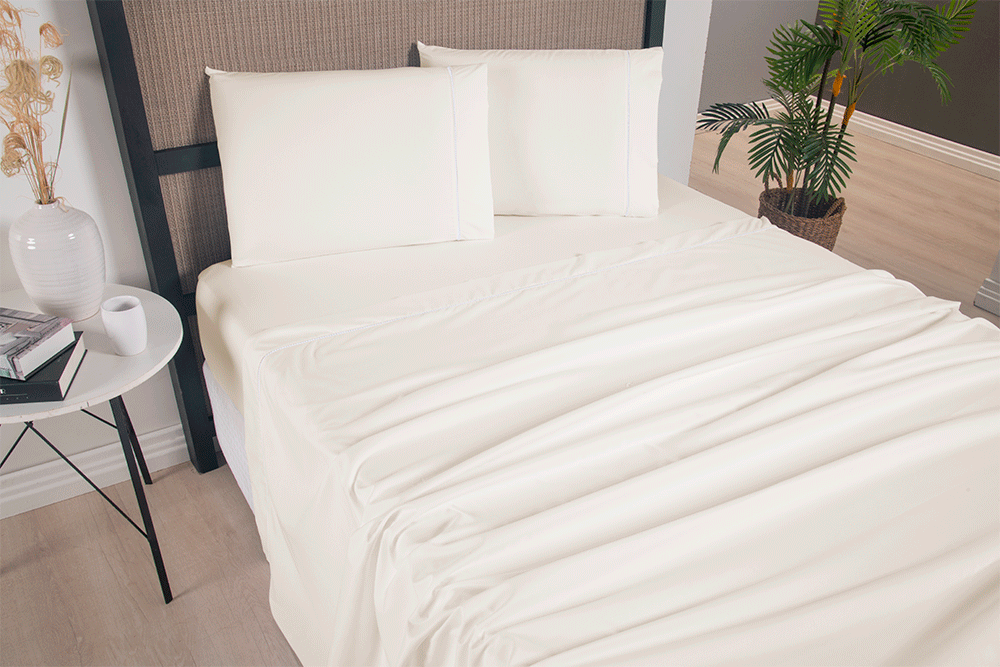 Full Sheet Set 4 Pieces Straw Beige Hemstitch Detail 94.5 x 80.7 in – Soft Micropercale 300 Thread Count