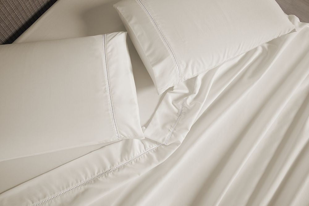 Full Sheet Set 4 Pieces Straw Beige Hemstitch Detail 94.5 x 80.7 in – Soft Micropercale 300 Thread Count