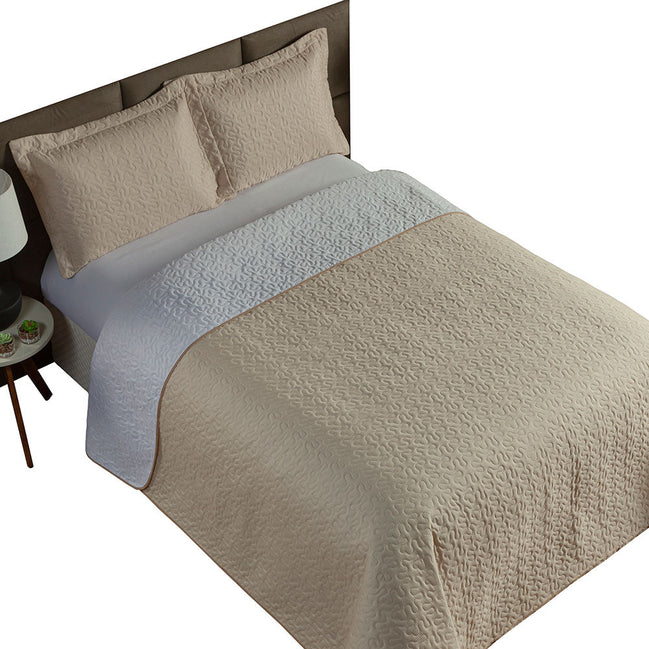 Queen Bedspread Set 3 Pieces White & Khaki Clara – Soft Polyester Bedding
