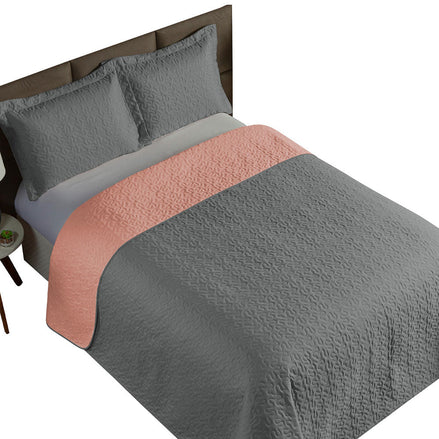 Queen Bedspread Set 3 Pieces Gray & Blush Clara – Soft Polyester Bedding