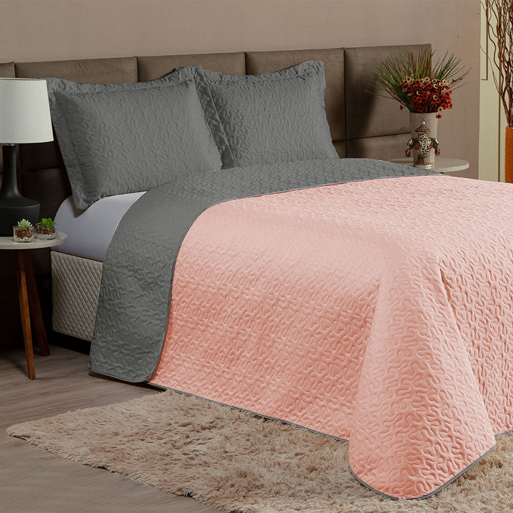Queen Bedspread Set 3 Pieces Gray & Blush Clara – Soft Polyester Bedding