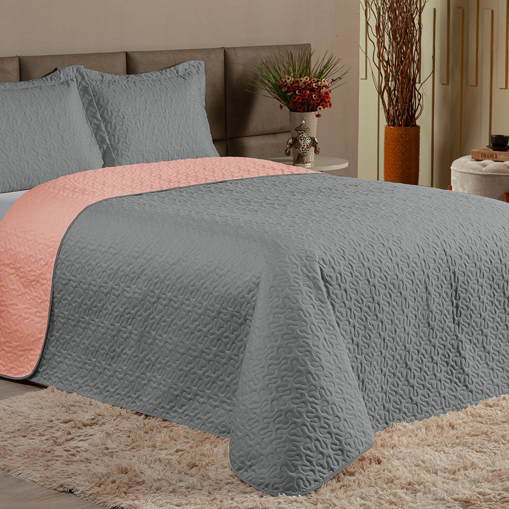 Queen Bedspread Set 3 Pieces Gray & Blush Clara – Soft Polyester Bedding
