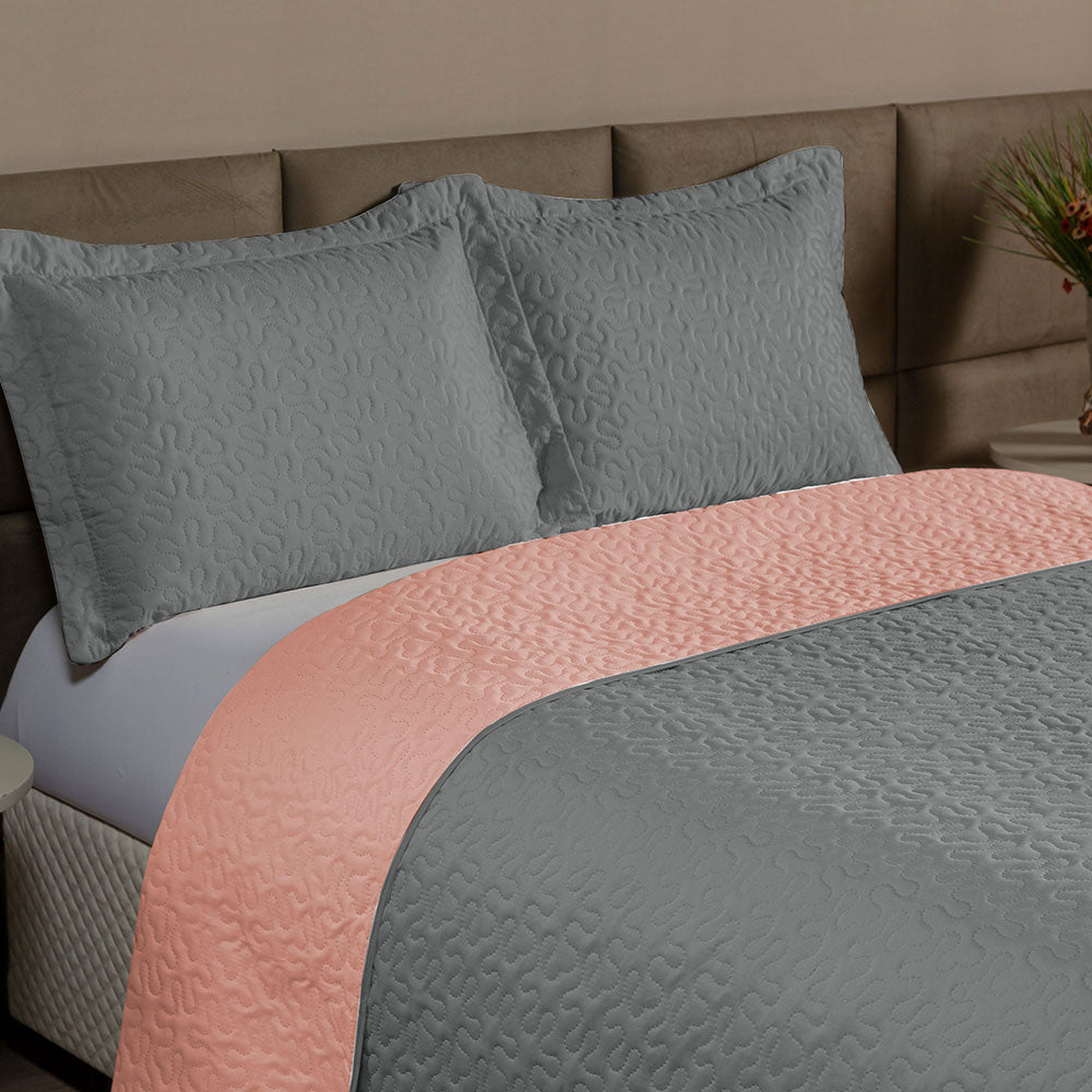 Queen Bedspread Set 3 Pieces Gray & Blush Clara – Soft Polyester Bedding