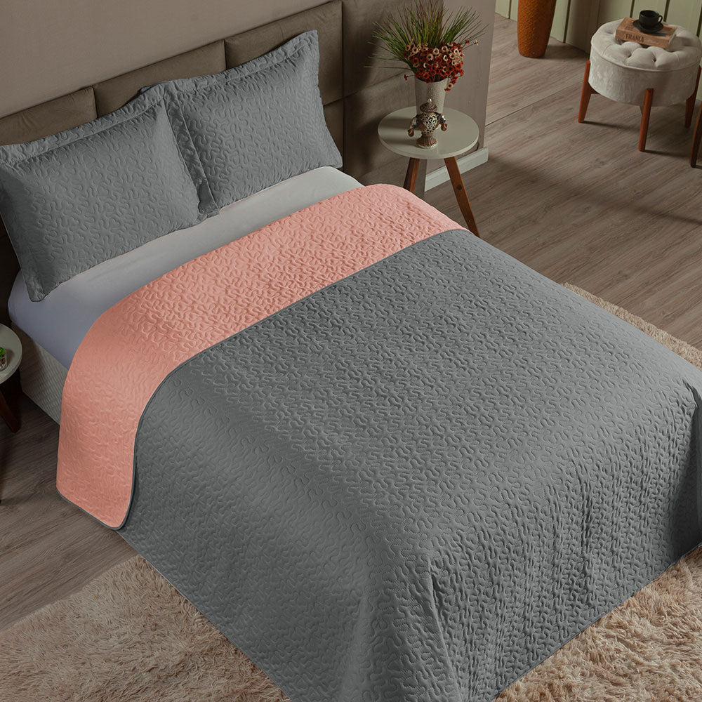 Queen Bedspread Set 3 Pieces Gray & Blush Clara – Soft Polyester Bedding