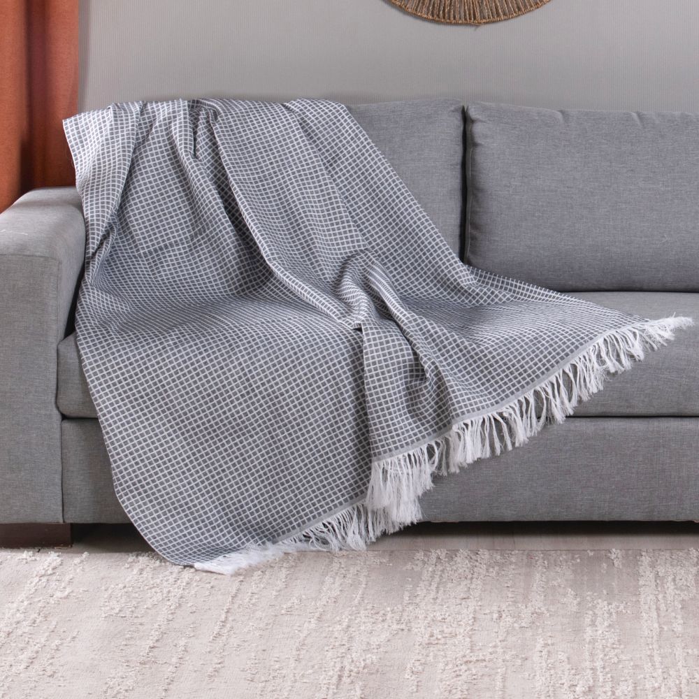 Reversible Jacquard Sofa Throw Blanket with Fringe 82.7 x 53.1 in – Grid Design