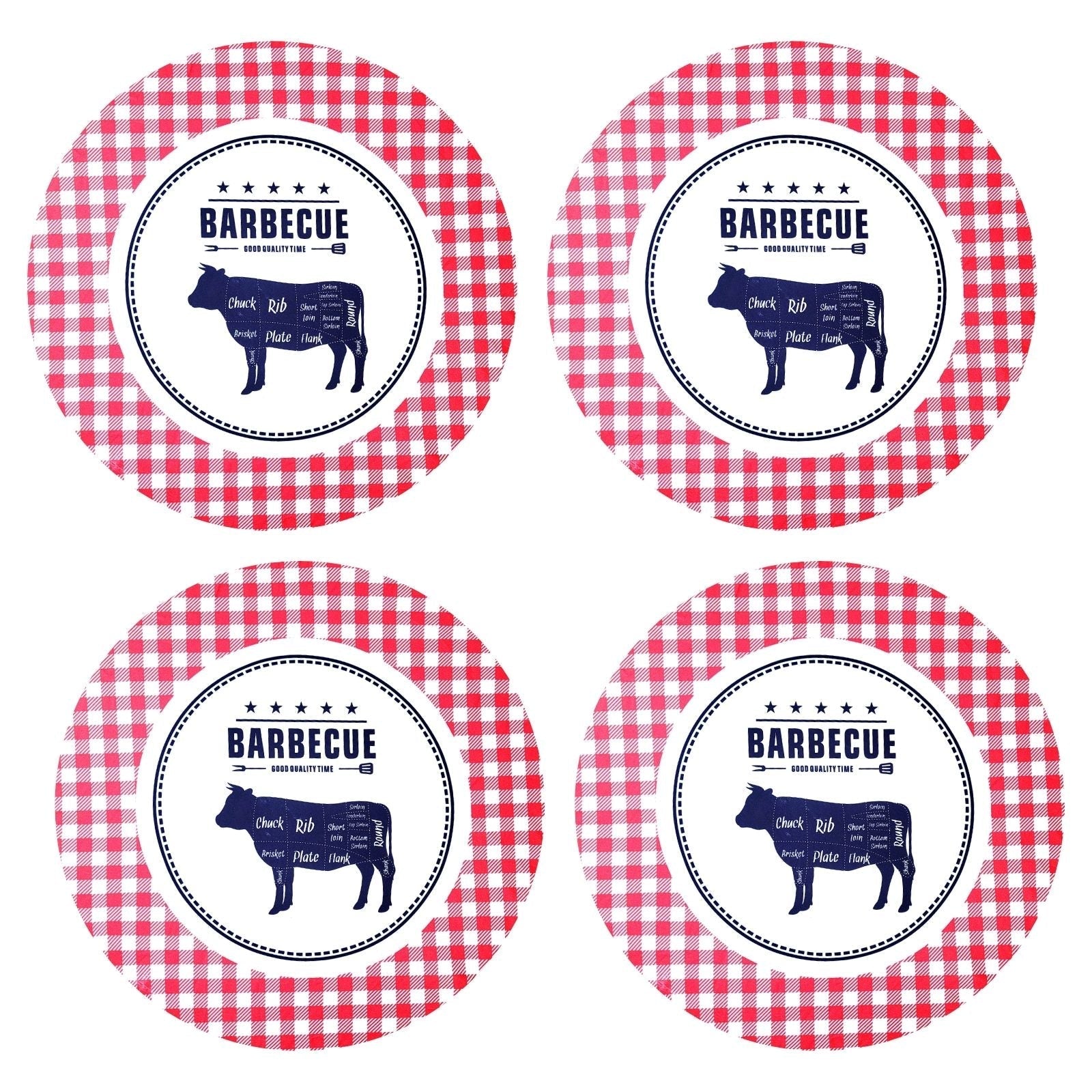 Conjunto de 4 Capas de Sousplat Redondas Xadrez Vermelho Churrasco 35,5 cm diâmetro