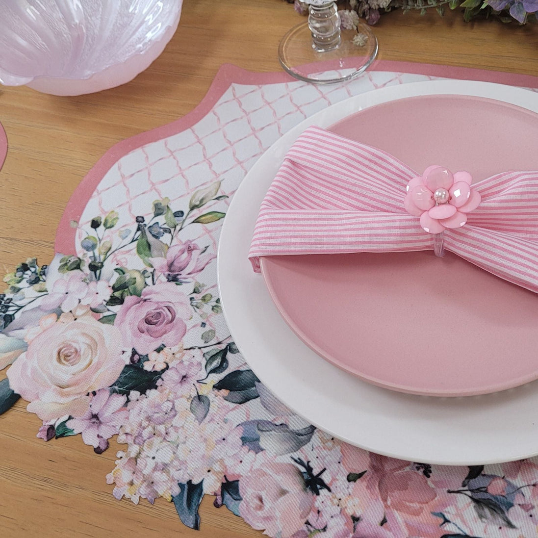 Charlo's Jogo Americano 4 Peças Impermeável Romance Rosa Xadrez Floral