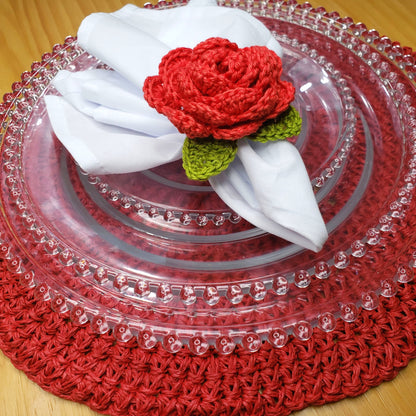 Charlo's Set of 4 Red Crochet Rosebud Napkin Rings, High Quality Products, gifts,