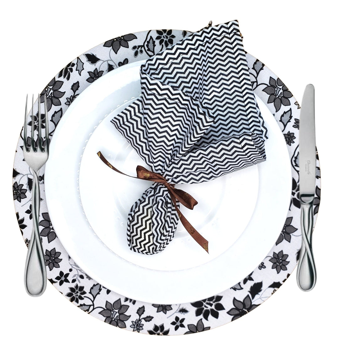 Jogo de 4 Capas de Sousplat Redondas Charlo, 35,5 cm de Diâmetro, Floral Preto