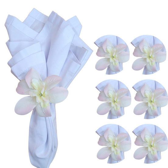 Conjuntos de 6 ou 12 anéis de guardanapo com mini orquídeas off-white e rosas mistas